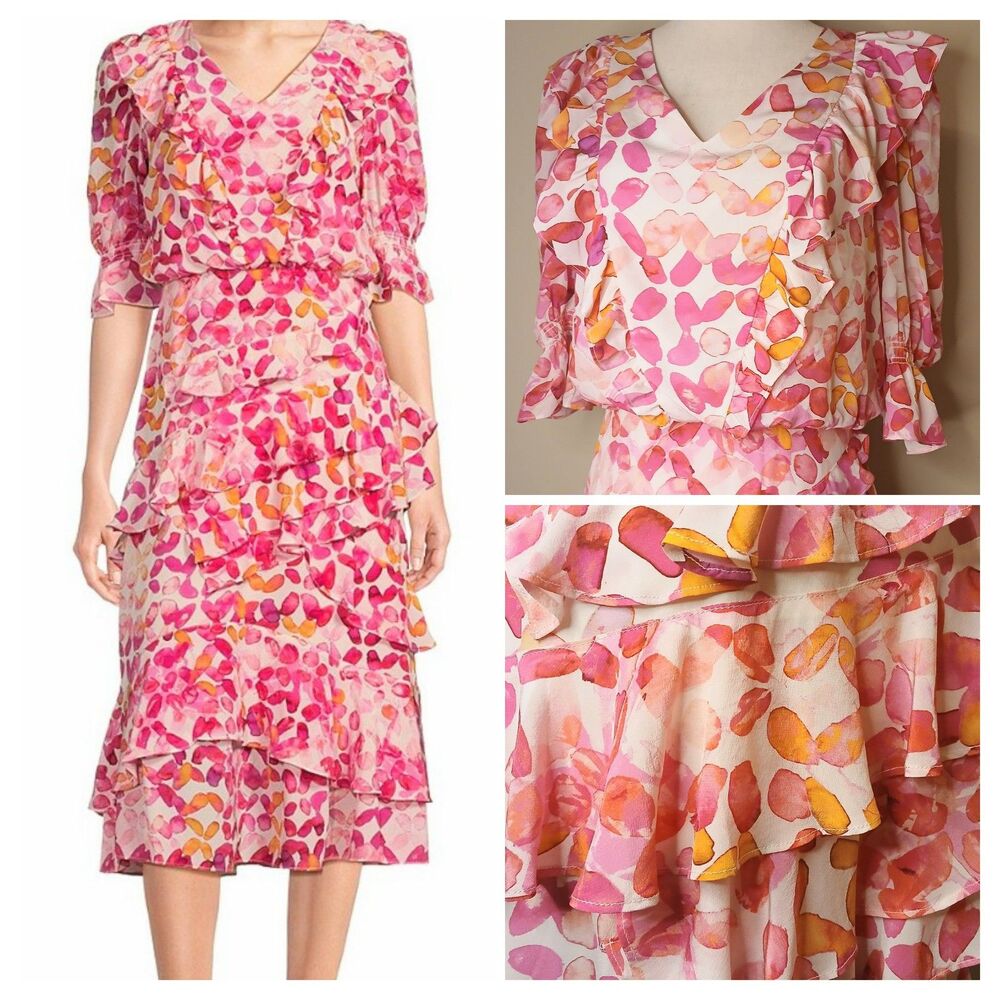 Tyler Boe Dress Sz 4 Pink Floral 100% Silk A-line Midi Ruffled Lined $388 NWT